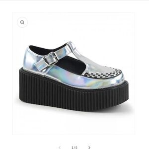 Demonia Platform T-Strap Creeper Cutout Buckle Holographic Mary Jane Shoes NEW